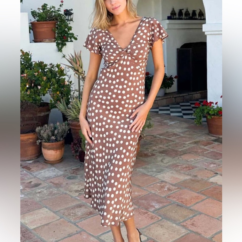 Emerson Fry Brown Polka Dot Midi
Dress Size L Silk V-Neck Flutter Sleeve